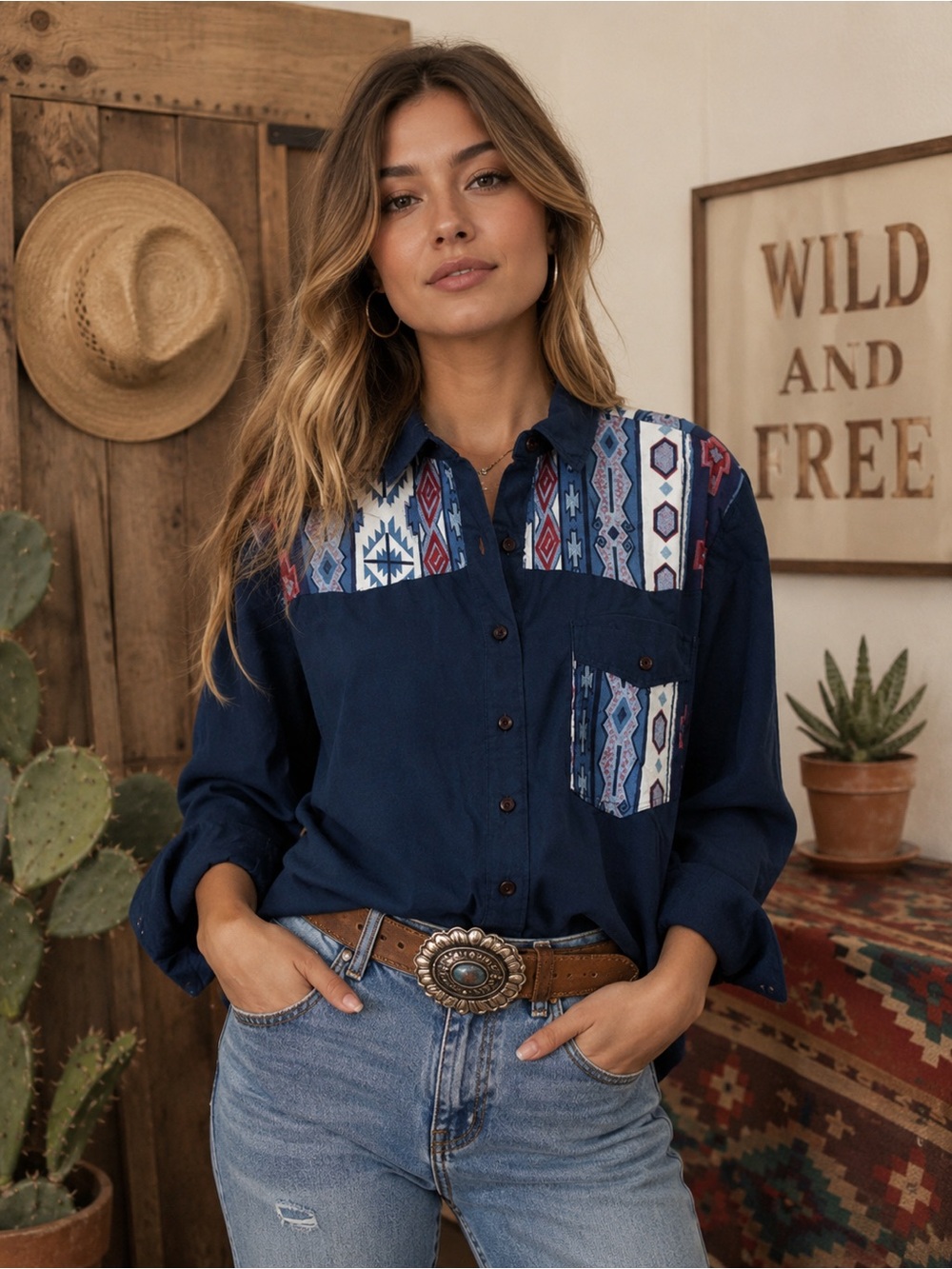 Vintage Tapestry Blue Aztec Western Button Down Top‎